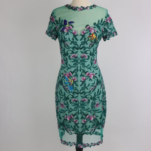 Tadashi Verena Green Sheer Illusion Embroider Floral Birds Lace Bodycon Dress - Picture 2 of 9